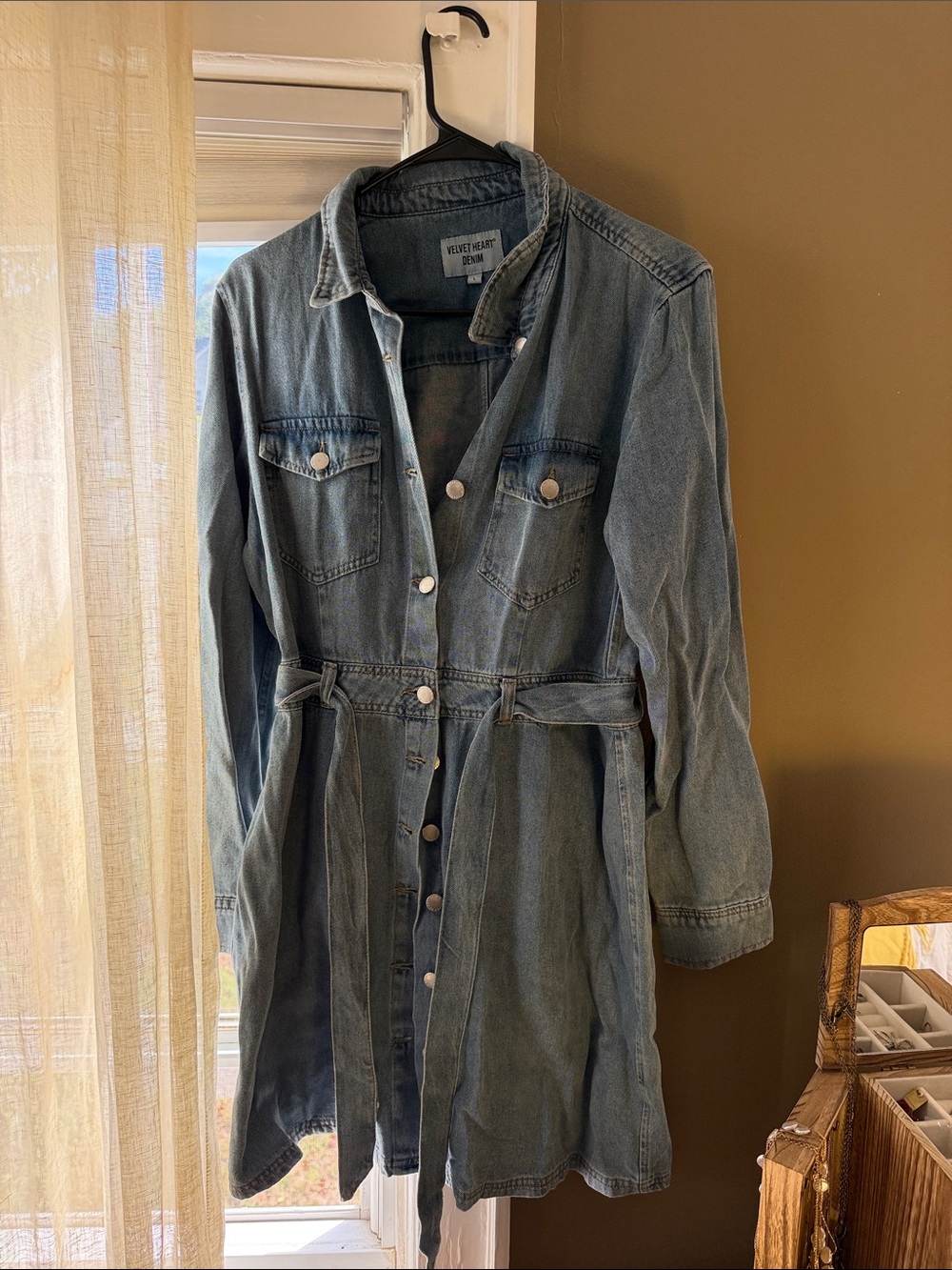 Velvet Heart Medium Blue Denim Shirt-Jacket with Waist Tie